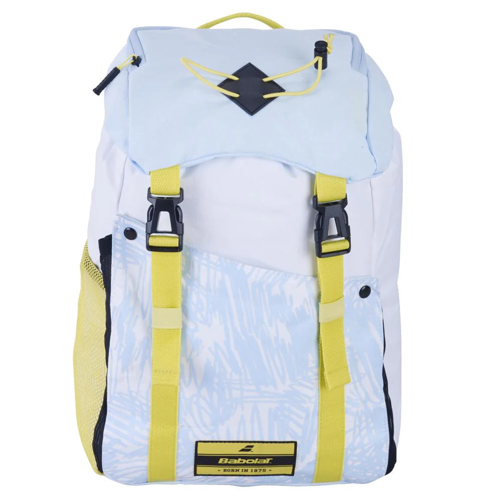 Babolat Classic Jr Backpack featuring junior-sized construction, dedicated racquet storage, multiple compartments, and comfortable shoulder straps.