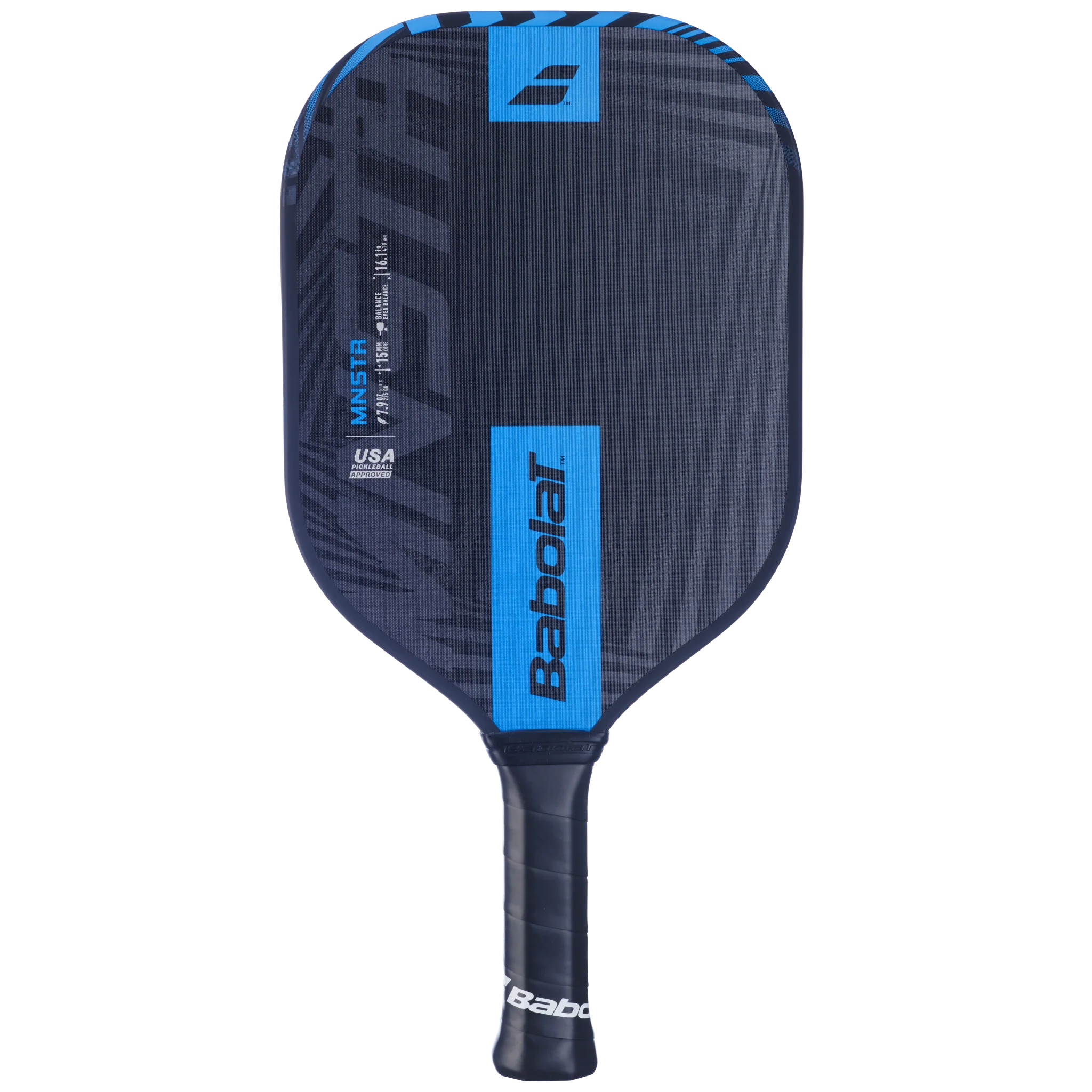 A Babolat MNSTR Gen 3 pickleball paddle that features a black and blue surface