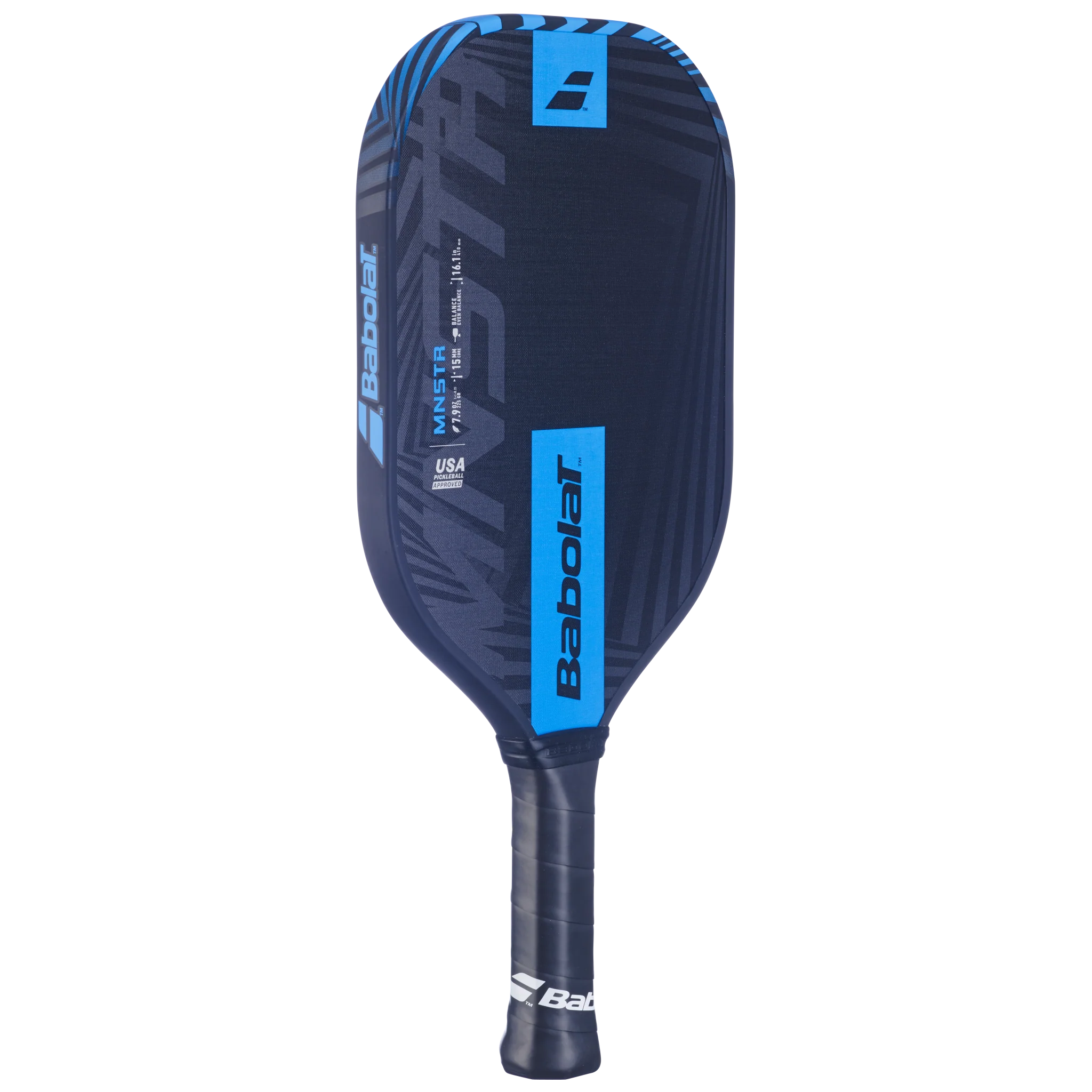 A Babolat MNSTR Gen 3 pickleball paddle that features a black and blue surface