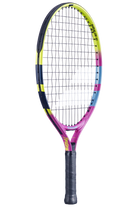 A Babolat Nadal Junior 19" tennis racket that shows off the signature pink, blue, and yellow colour scheme of Rafa Nadal