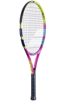 A Babolat Nadal Junior 25 tennis racket featuring Rafa Nadal's signature colour scheme
