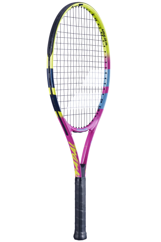 A Babolat Nadal Junior 25 tennis racket featuring Rafa Nadal's signature colour scheme