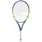 A Babolat Pure Aero Junior 25" Gen 9 high-performance spin tennis racket with a grey and green frame designed for kids aged 9-10