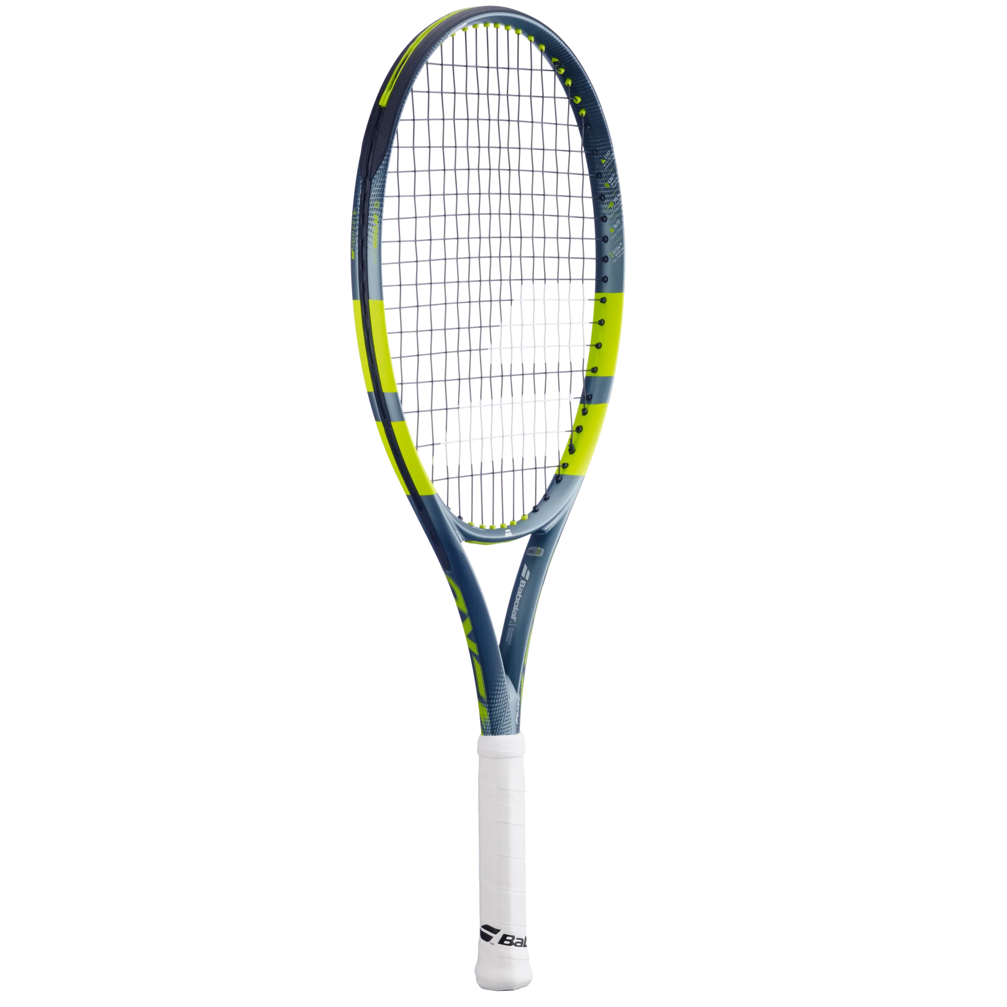 A Babolat Pure Aero Junior 25" Gen 9 high-performance spin tennis racket with a grey and green frame designed for kids aged 9-10
