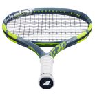 A Babolat Pure Aero Junior 25" Gen 9 high-performance spin tennis racket with a grey and green frame designed for kids aged 9-10