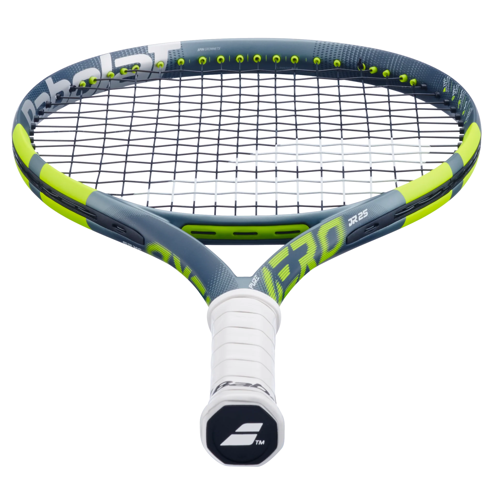 A Babolat Pure Aero Junior 25" Gen 9 high-performance spin tennis racket with a grey and green frame designed for kids aged 9-10