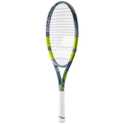 A Babolat Pure Aero Junior 25" Gen 9 high-performance spin tennis racket with a grey and green frame designed for kids aged 9-10