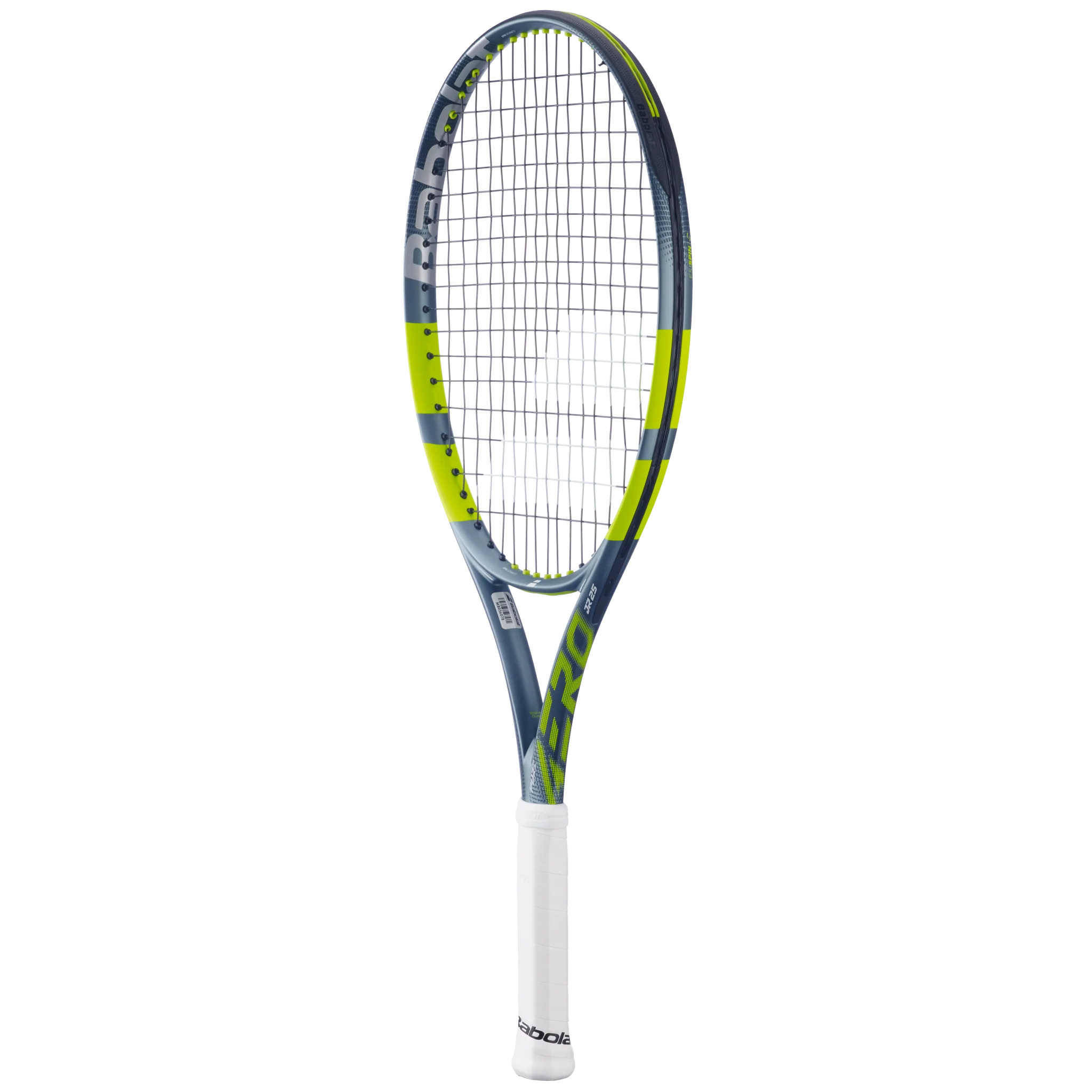 A Babolat Pure Aero Junior 25" Gen 9 high-performance spin tennis racket with a grey and green frame designed for kids aged 9-10