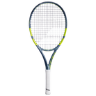 A Babolat Pure Aero Gen 9 Junior 26 high-performance spin tennis racket with a grey and green frame that's designed for kids aged 11-12