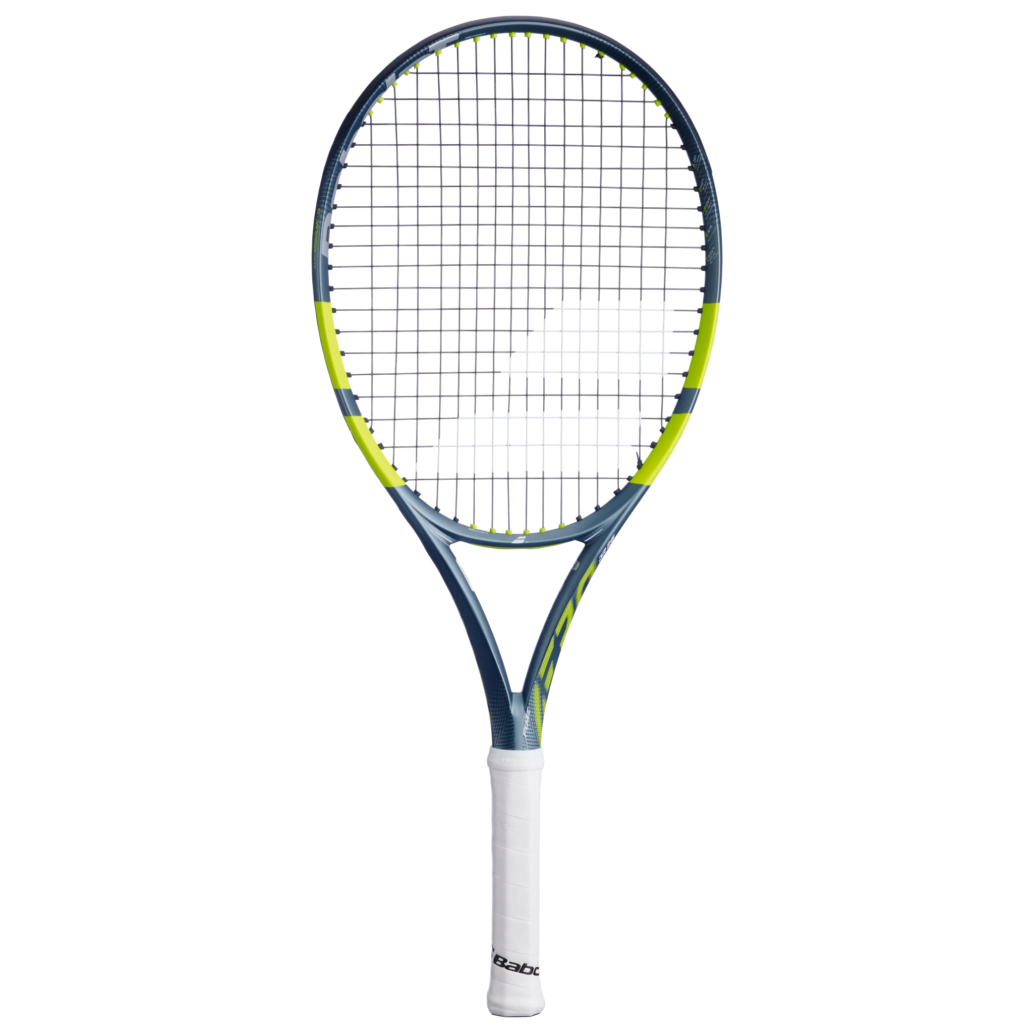 A Babolat Pure Aero Gen 9 Junior 26 high-performance spin tennis racket with a grey and green frame that's designed for kids aged 11-12