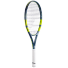 A Babolat Pure Aero Gen 9 Junior 26 high-performance spin tennis racket with a grey and green frame that's designed for kids aged 11-12
