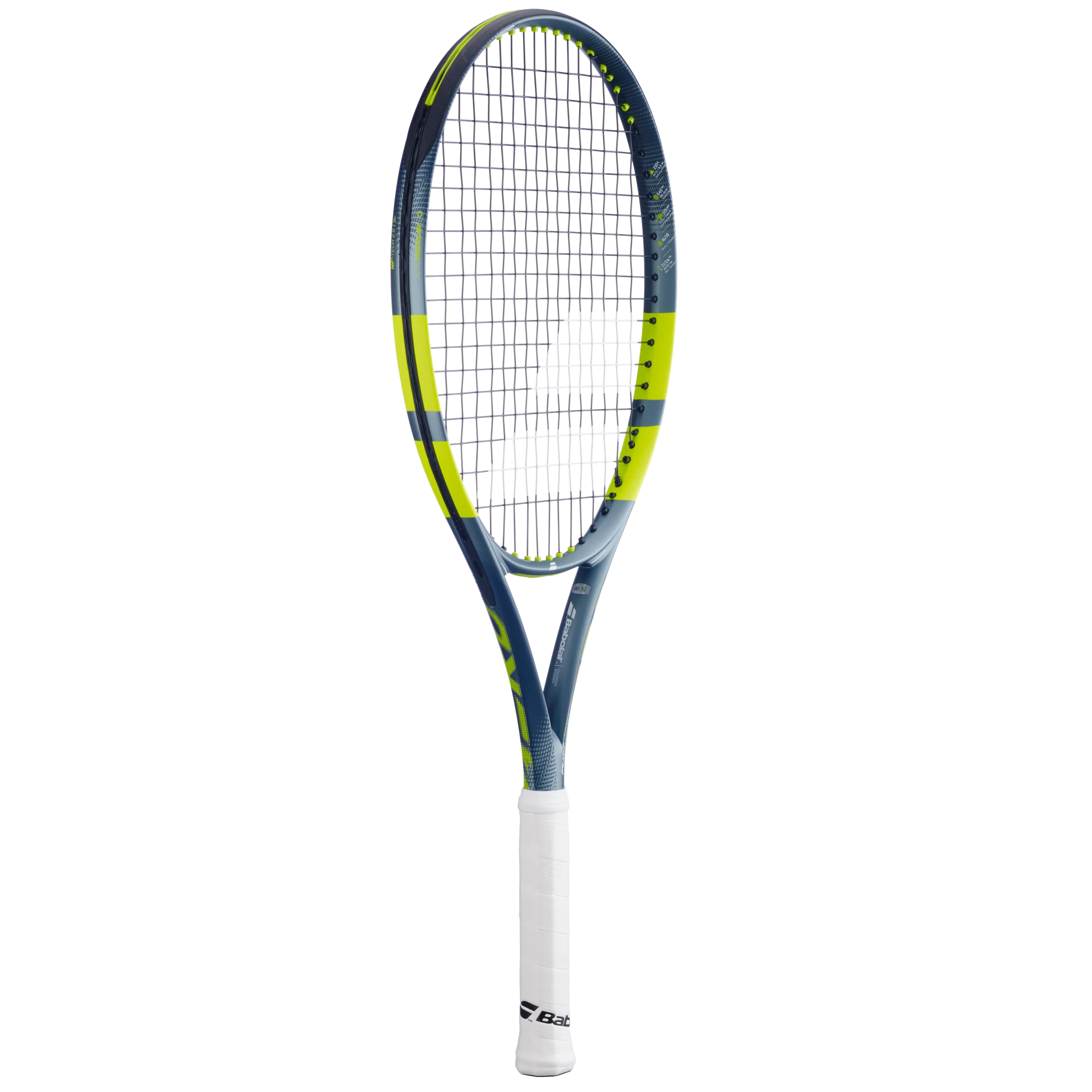 A Babolat Pure Aero Gen 9 Junior 26 high-performance spin tennis racket with a grey and green frame that's designed for kids aged 11-12