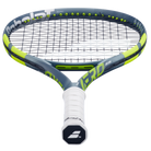 A Babolat Pure Aero Gen 9 Junior 26 high-performance spin tennis racket with a grey and green frame that's designed for kids aged 11-12