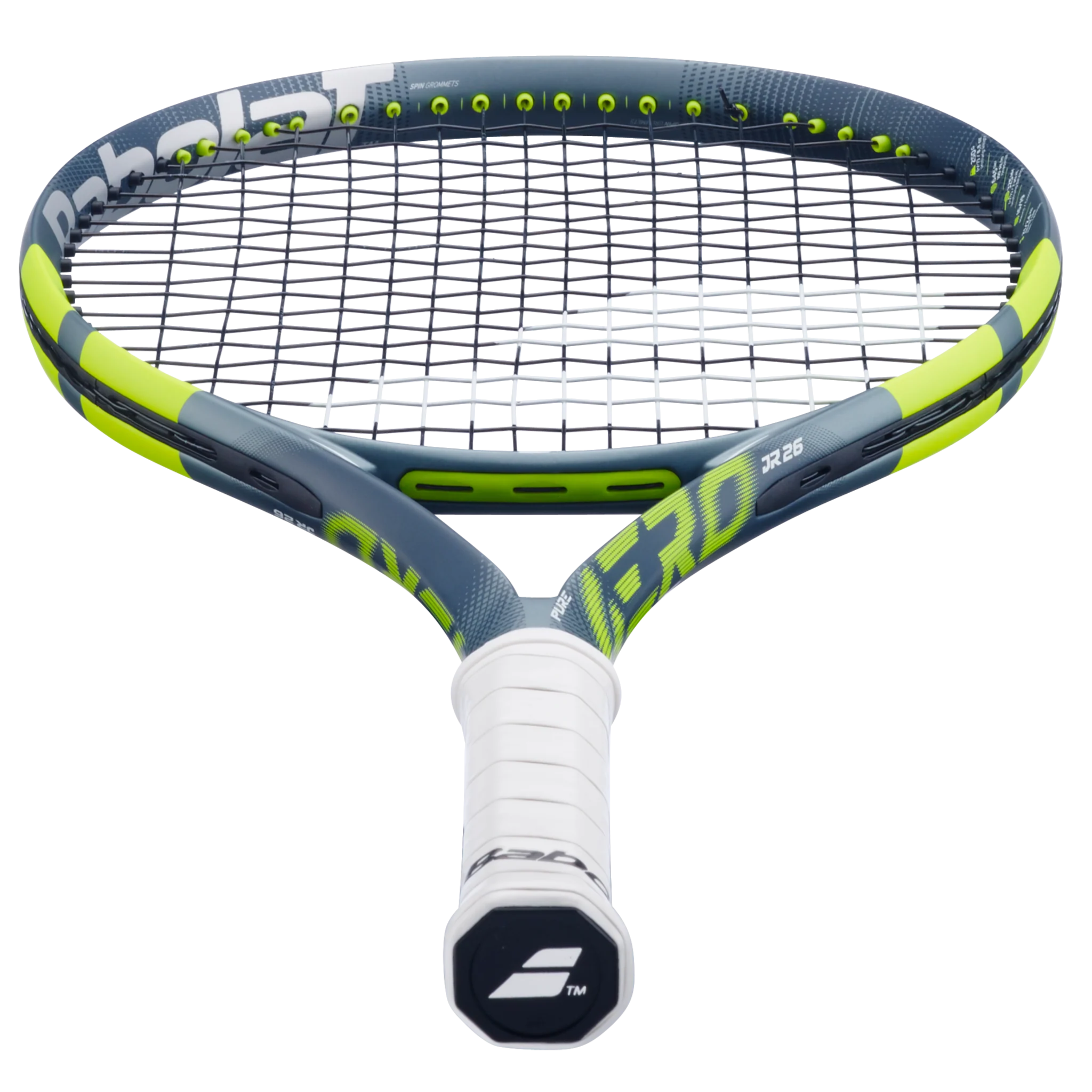 A Babolat Pure Aero Gen 9 Junior 26 high-performance spin tennis racket with a grey and green frame that's designed for kids aged 11-12