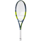 A Babolat Pure Aero Gen 9 Junior 26 high-performance spin tennis racket with a grey and green frame that's designed for kids aged 11-12