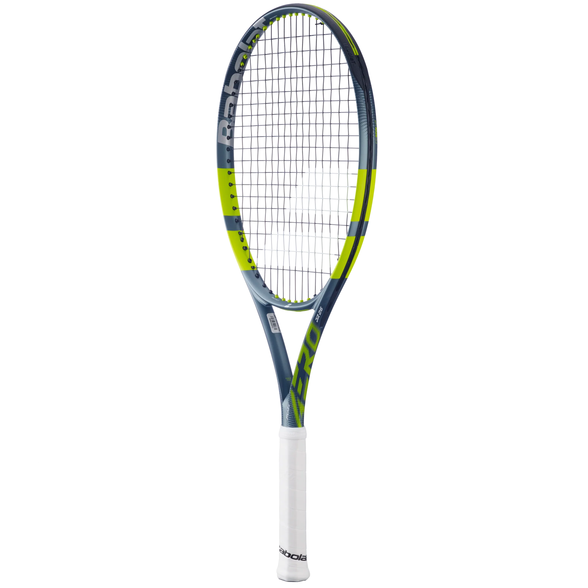 A Babolat Pure Aero Gen 9 Junior 26 high-performance spin tennis racket with a grey and green frame that's designed for kids aged 11-12