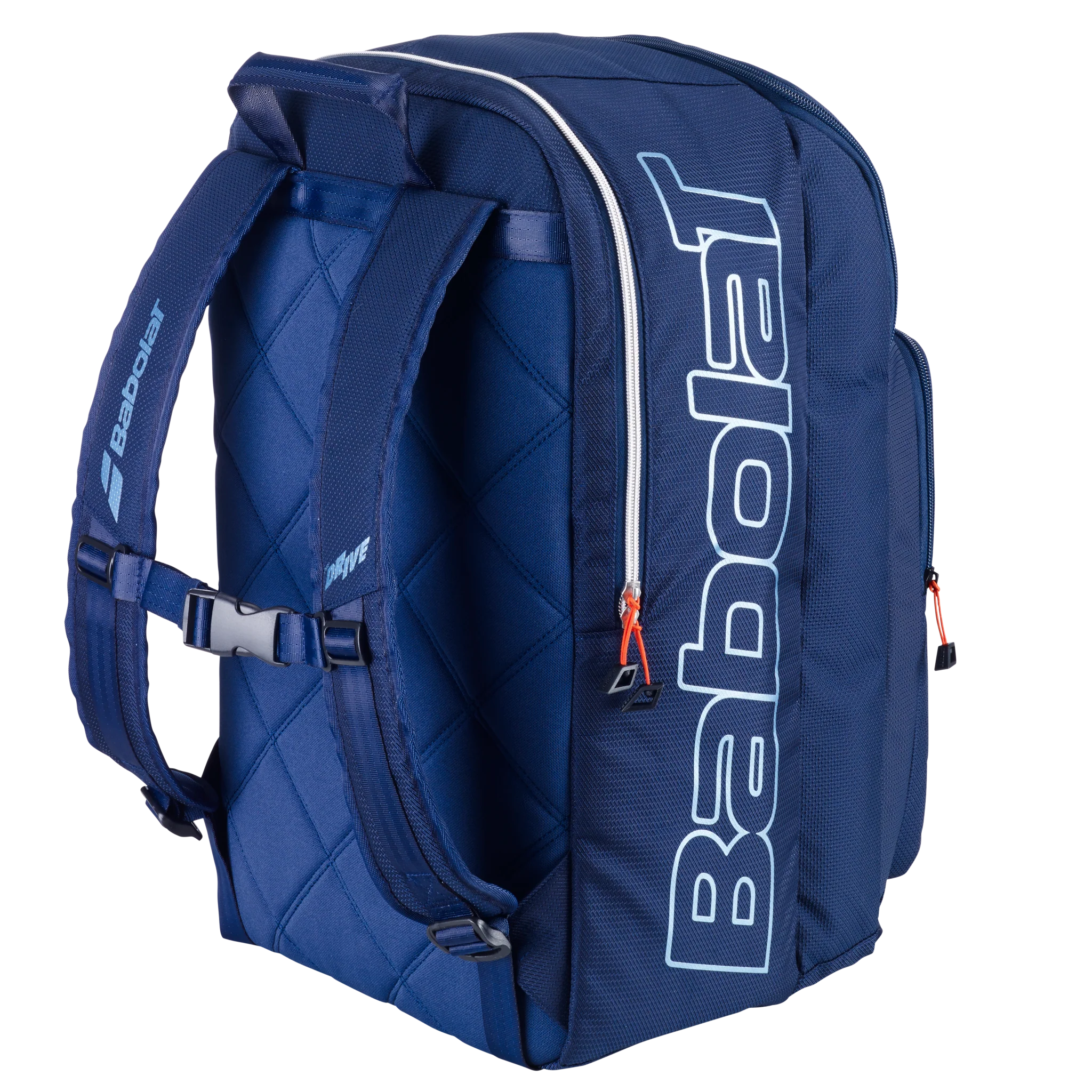 Babolat Pure Drive Backpack featuring dedicated racquet storage, multiple compartments, padded shoulder straps, and Pure Drive-inspired styling.