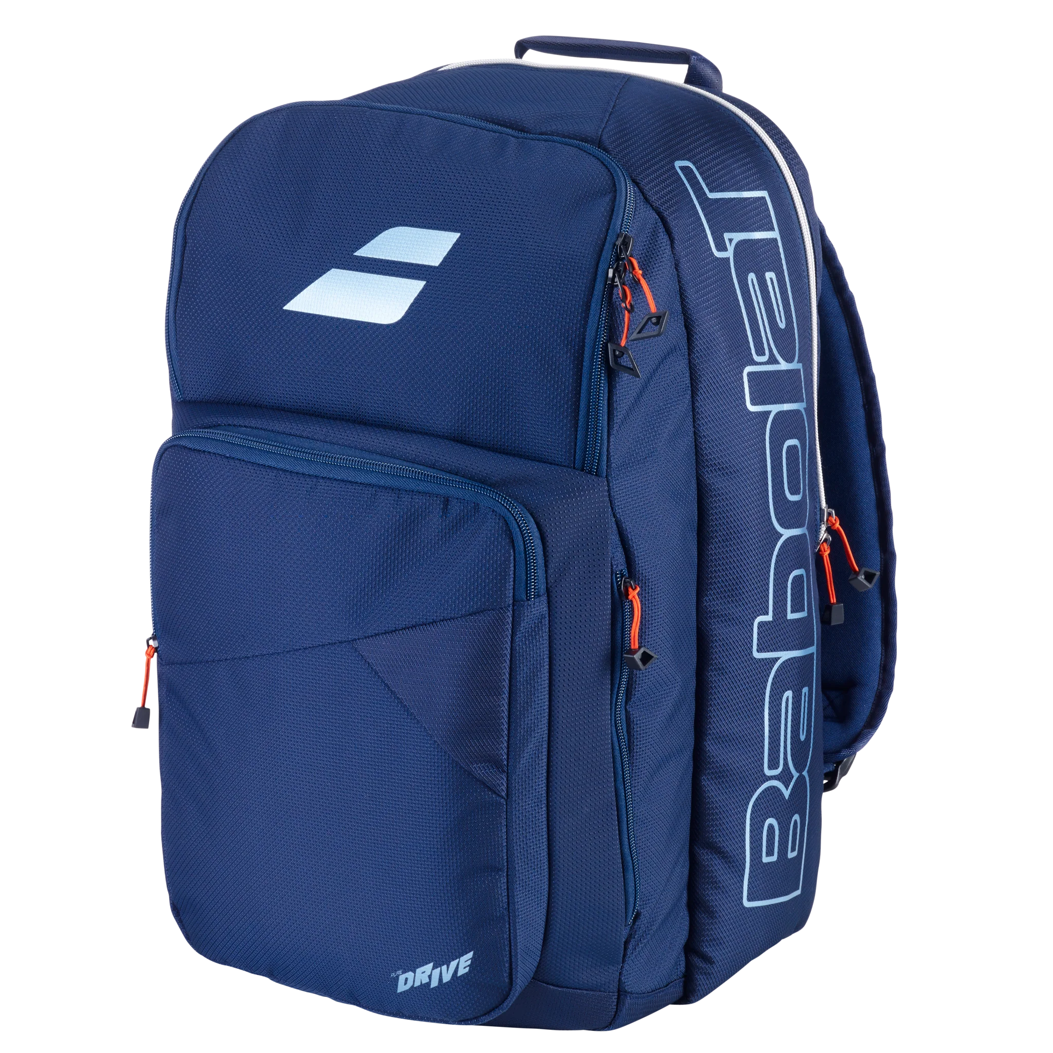 Babolat Pure Drive Backpack featuring dedicated racquet storage, multiple compartments, padded shoulder straps, and Pure Drive-inspired styling.