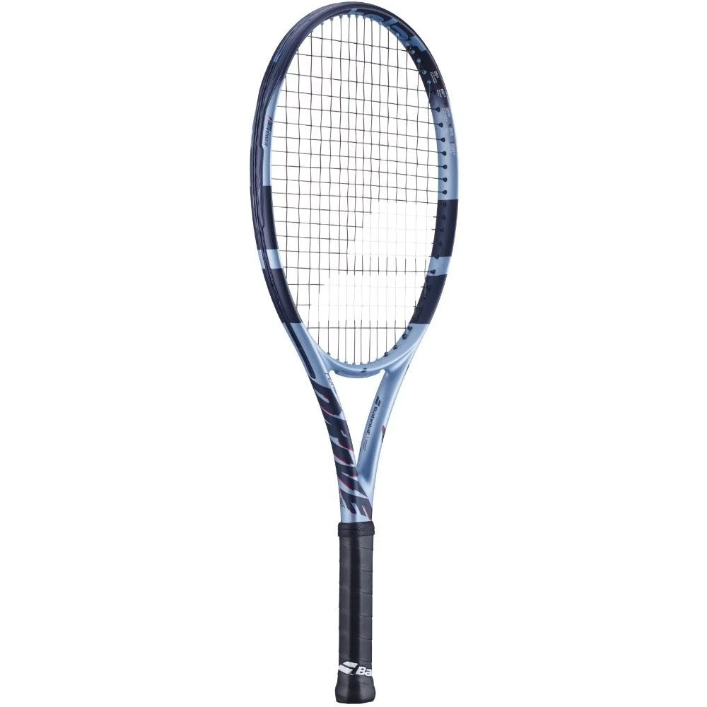 A strung Babolat Pure Drive junior tennis racket with a blue and navy color scheme.