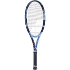 A strung Babolat Pure Drive junior tennis racket with a blue and navy color scheme.