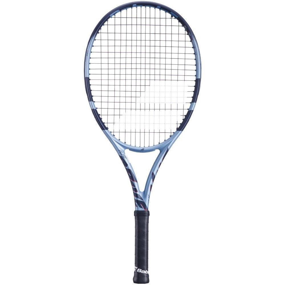 A strung Babolat Pure Drive junior tennis racket with a blue and navy color scheme.