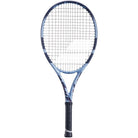 A strung Babolat Pure Drive junior tennis racket with a blue and navy color scheme.