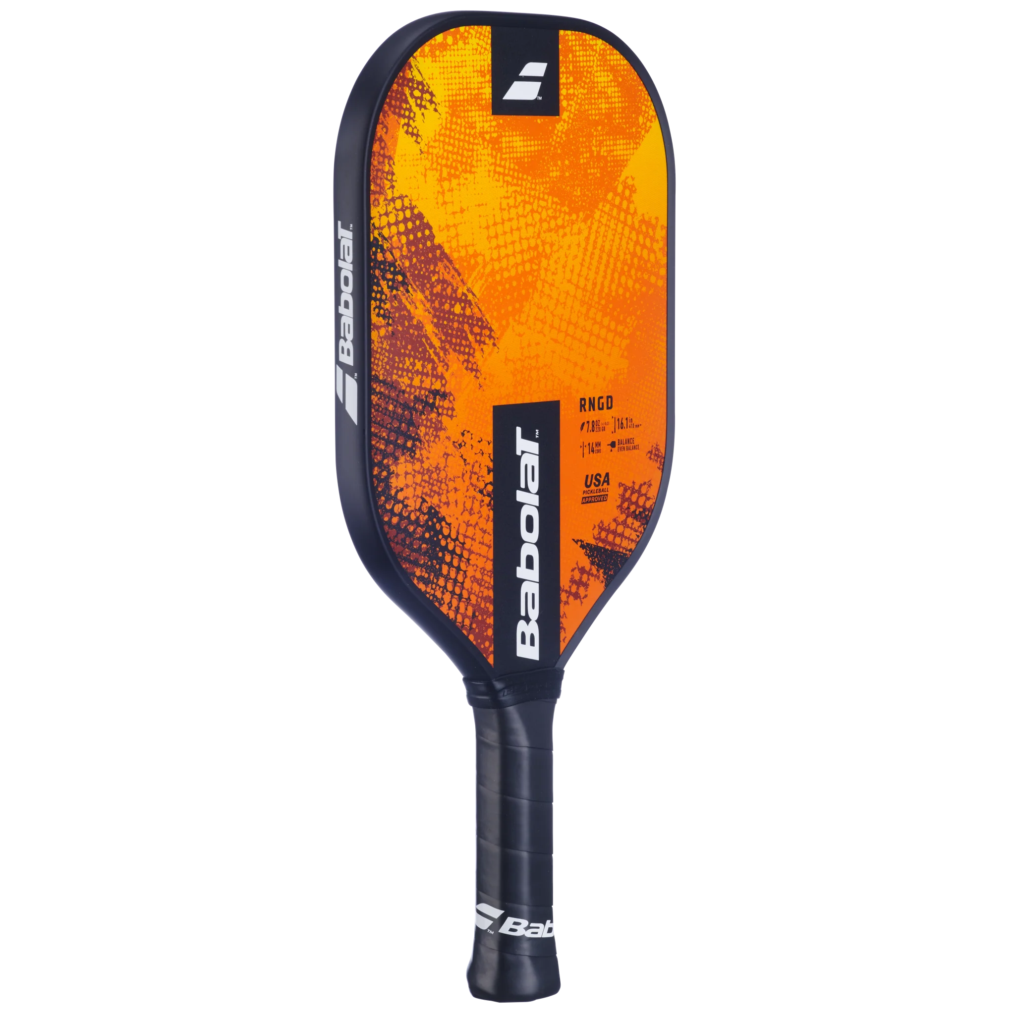 A Babolat RNGD pickleball paddle with a bright orange and black surface