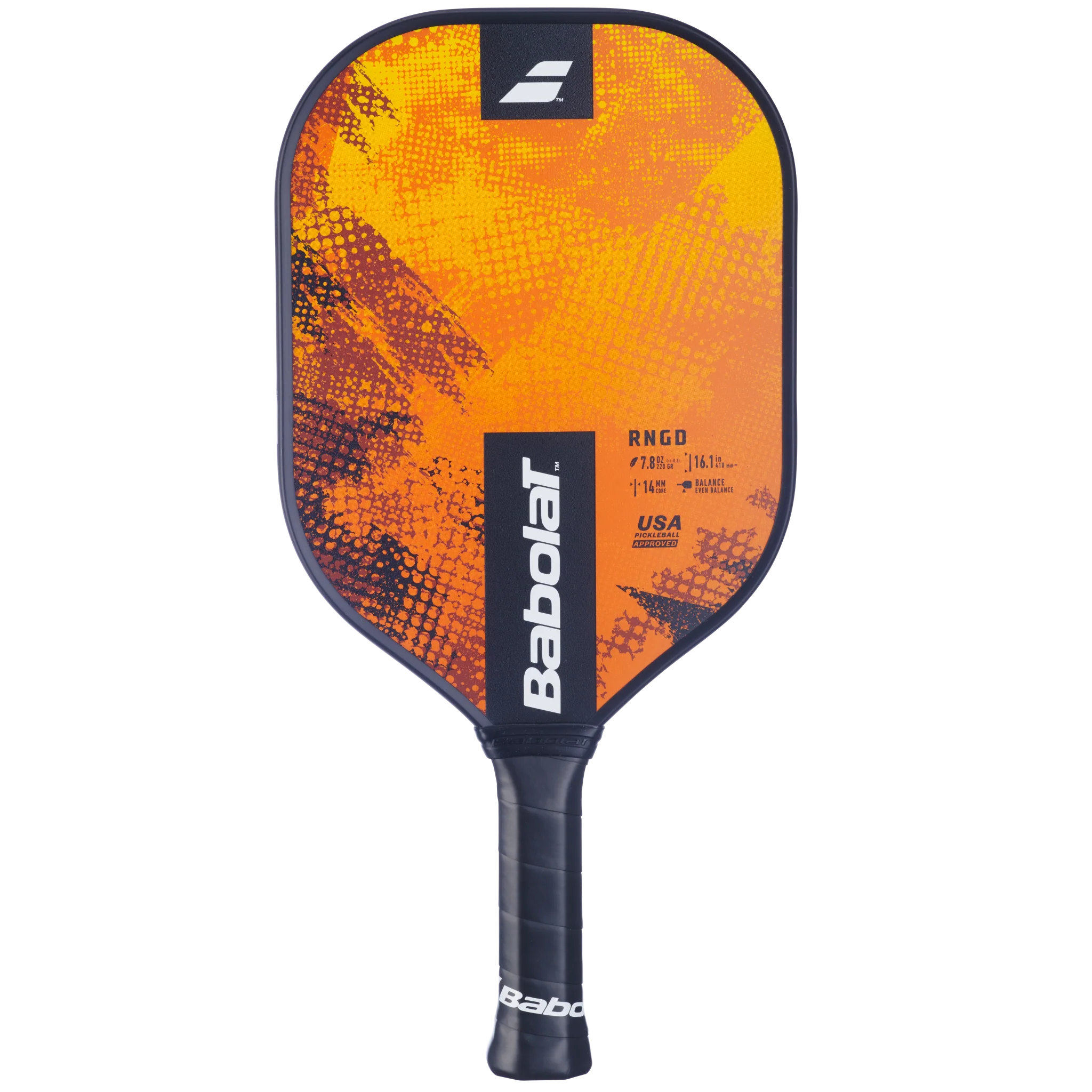 A Babolat RNGD pickleball paddle with a bright orange and black surface