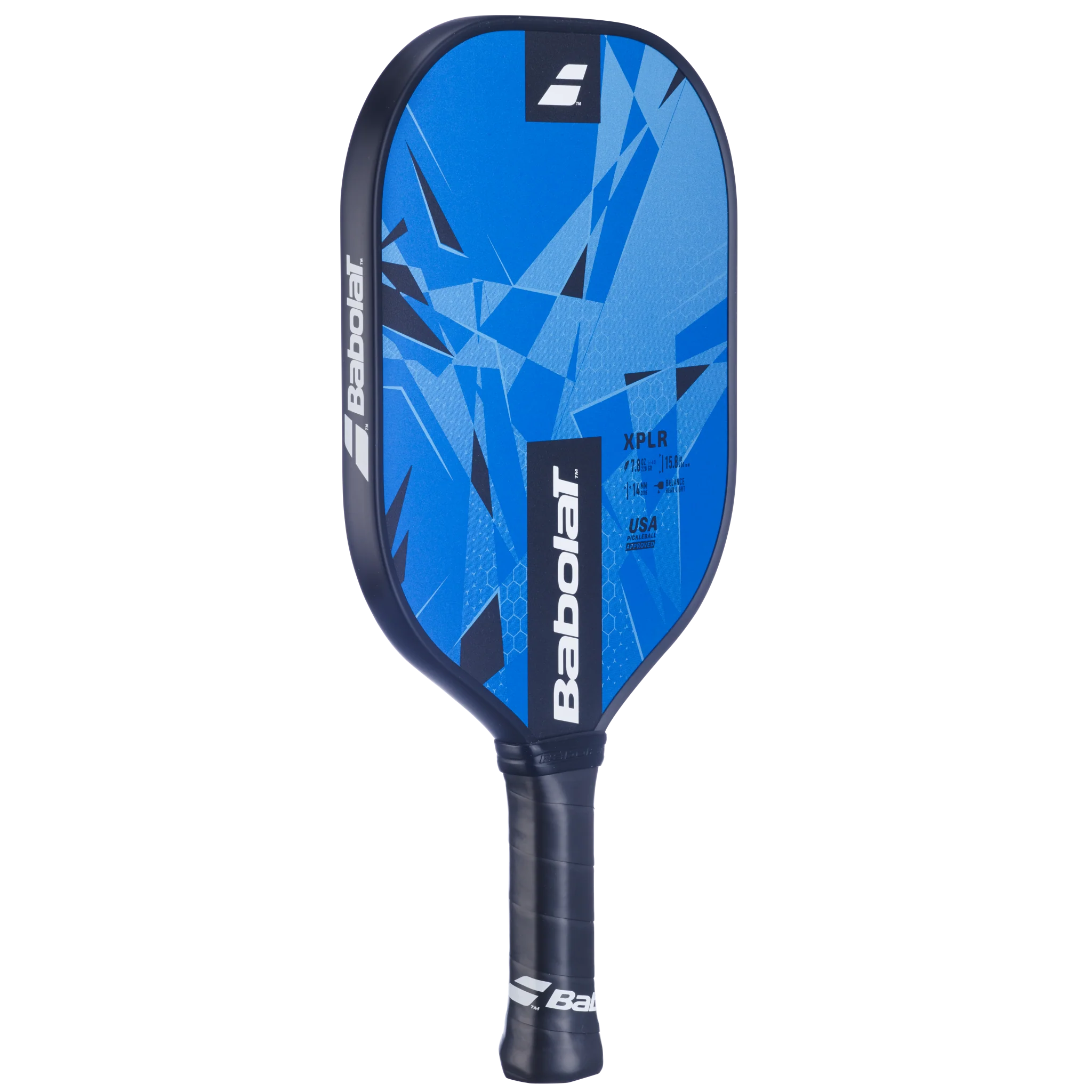 A Babolat XPLR 3rd Gen pickleball paddle that shows off the striking blue and black colourway