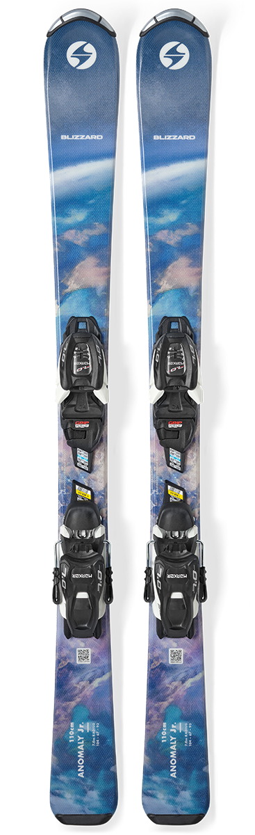 Blizzard Anomaly JR Skis with FDT 4.5 bindings, featuring a lightweight, forgiving design for easy turns, confidence, and junior ski progression.