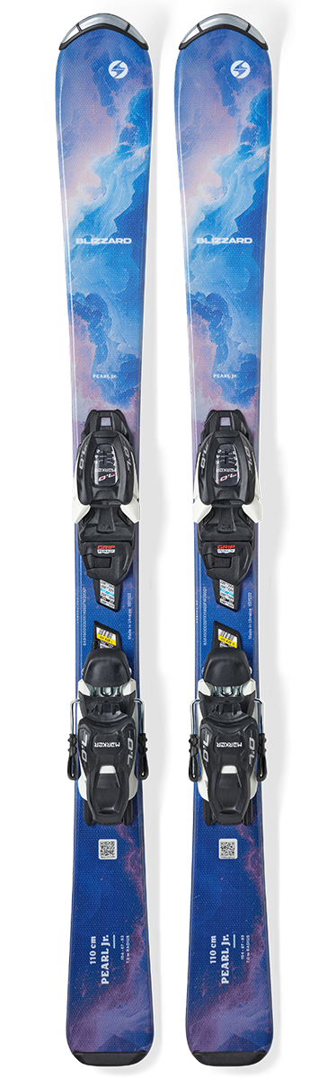 Blizzard Pearl JR Skis with FDT 4.5 junior bindings, featuring a lightweight, forgiving design for easy turns and skill progression.