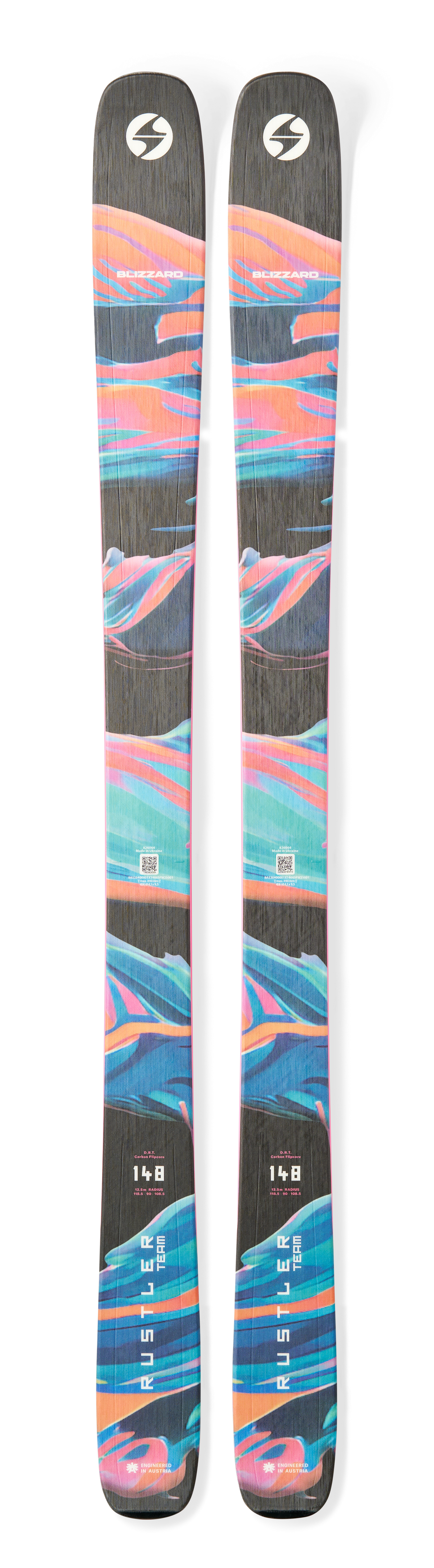 Blizzard Rustler Team Skis showing rocker-camber-rocker profile, 90–92 mm waist width platform, full ABS vertical sidewall construction, beech-poplar wood core, and partial twin tip design.