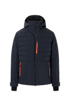 A navy blue Bogner Fire + Ice Men's Ivo ski jacket that features 20K waterproofing and 20K breathability, premium 4-way stretch technical fabric, and a sleek silhouette.