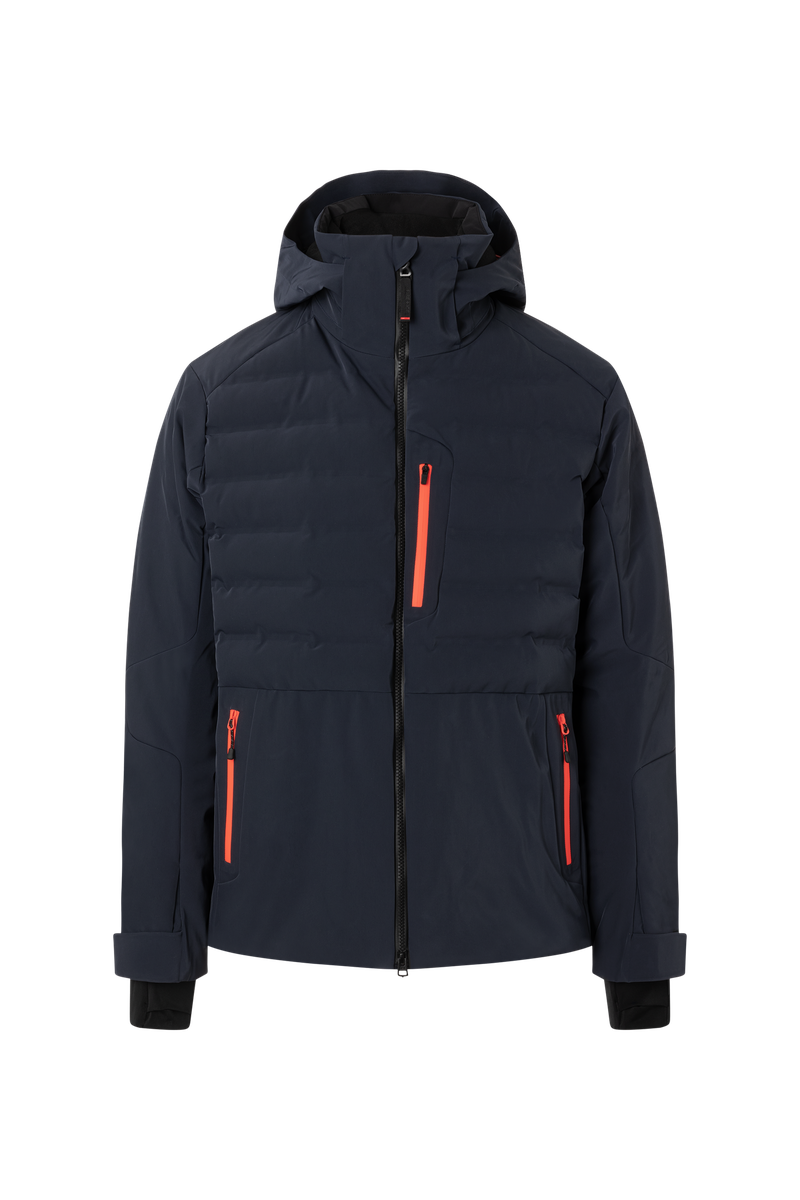 A navy blue Bogner Fire + Ice Men's Ivo ski jacket that features 20K waterproofing and 20K breathability, premium 4-way stretch technical fabric, and a sleek silhouette.