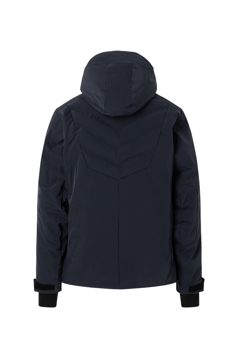 A navy blue Bogner Fire + Ice Men's Ivo ski jacket that features 20K waterproofing and 20K breathability, premium 4-way stretch technical fabric, and a sleek silhouette.