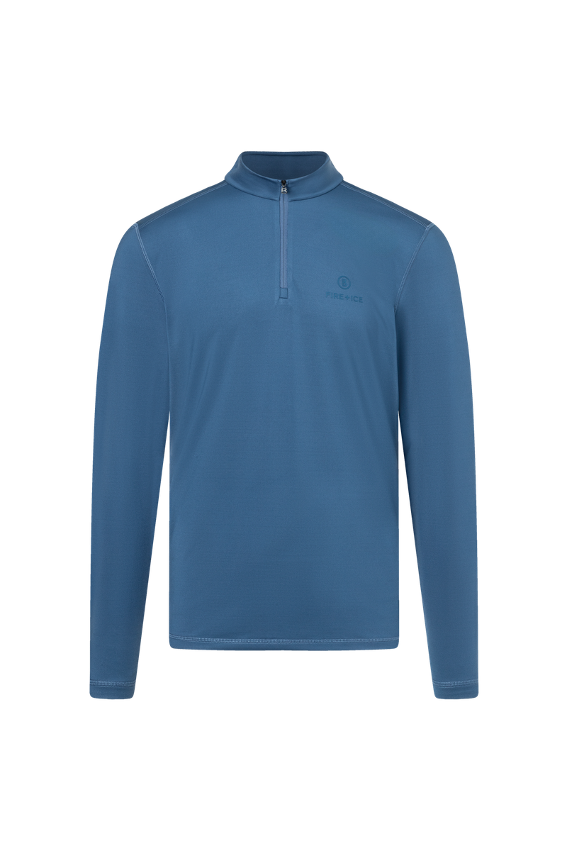 A blue Bogner Fire + Ice Men's Pascal Turtleneck midlayer sweater that is made from a moisture-wicking 4-way stretch technical fabric.