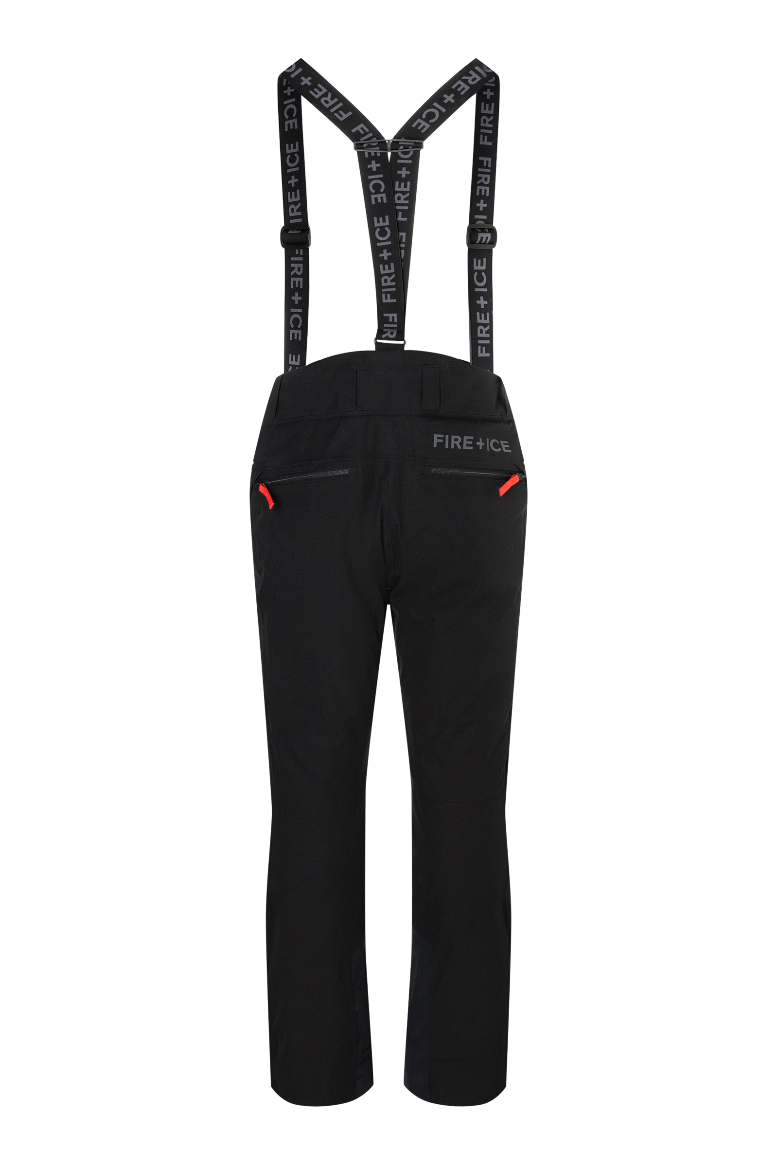 A pair of black Bogner Fire + Ice Men's Scott 3 ski pants that feature a waterproof and breathable membrane, a premium 4-way stretch technical fabric, and a sleek silhouette.