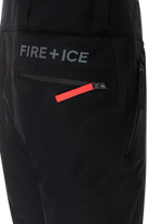 A pair of black Bogner Fire + Ice Men's Scott 3 ski pants that feature a waterproof and breathable membrane, a premium 4-way stretch technical fabric, and a sleek silhouette.