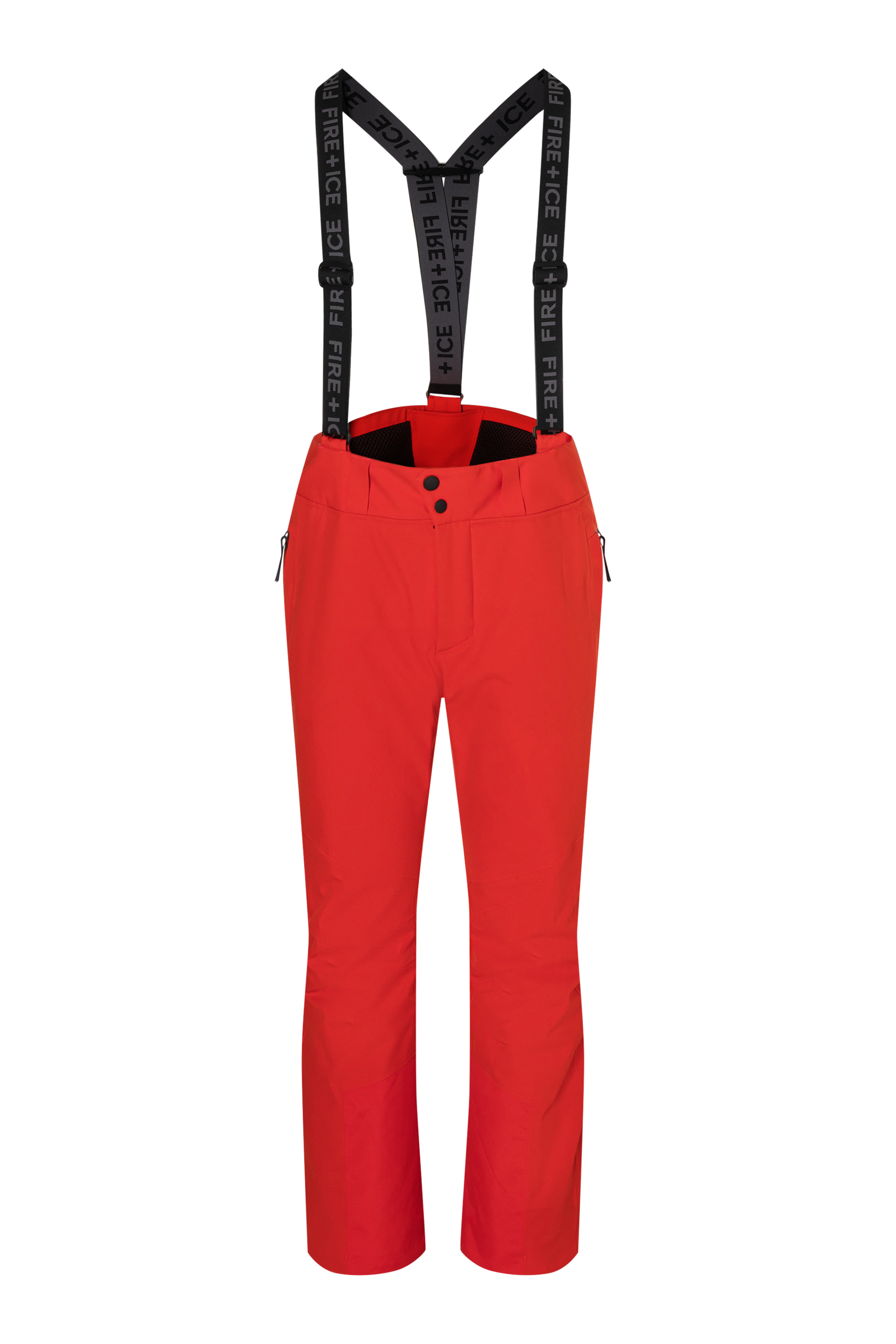A pair of red Bogner Fire + Ice Men's Scott 3 ski pants that feature a waterproof and breathable membrane, a premium 4-way stretch technical fabric, and a sleek silhouette.