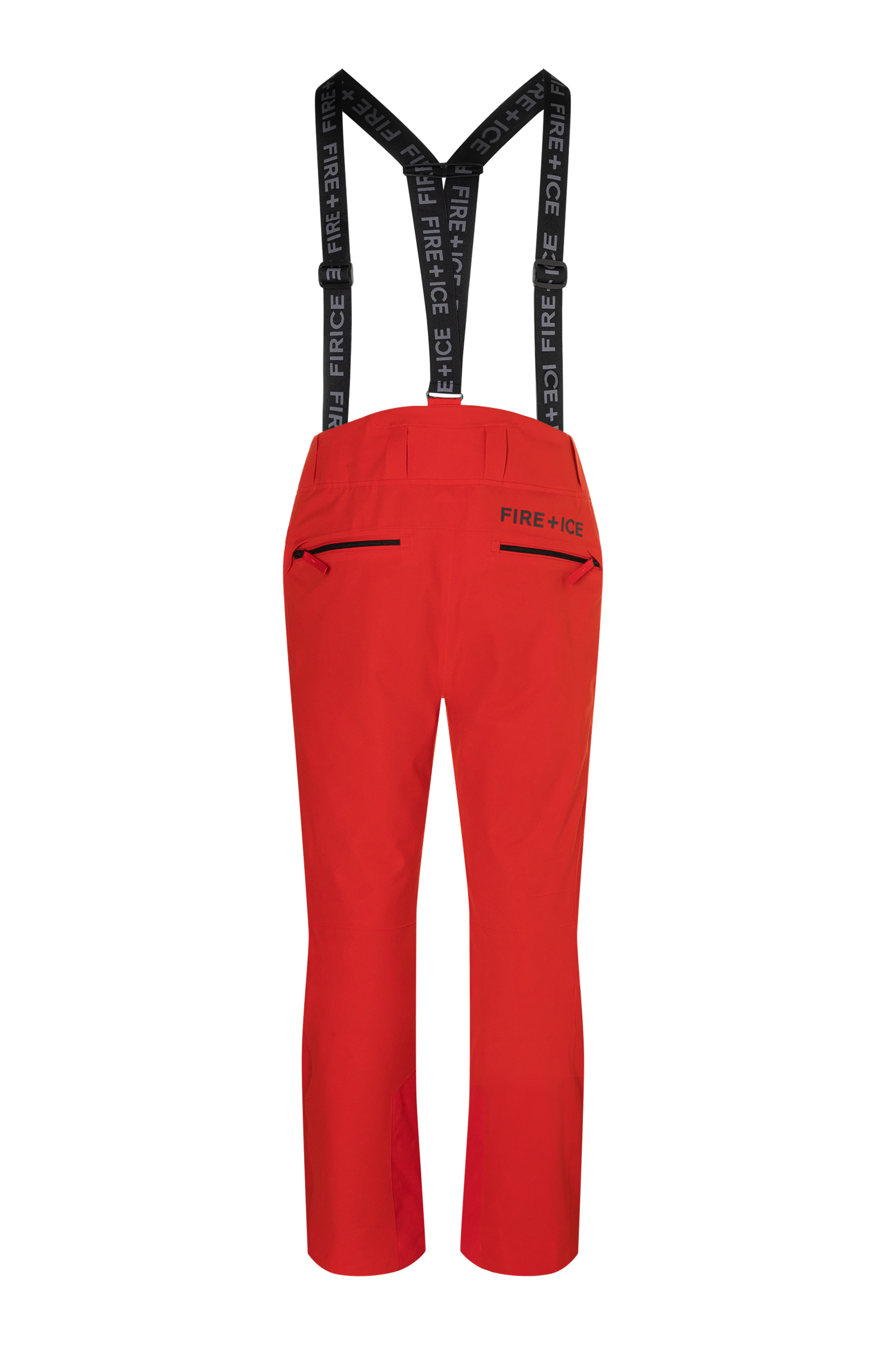 A pair of red Bogner Fire + Ice Men's Scott 3 ski pants that feature a waterproof and breathable membrane, a premium 4-way stretch technical fabric, and a sleek silhouette.