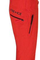 A pair of red Bogner Fire + Ice Men's Scott 3 ski pants that feature a waterproof and breathable membrane, a premium 4-way stretch technical fabric, and a sleek silhouette.