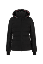 A black Bogner Fire + Ice Women's Cadja Ski Jacket that features a 20K waterproof and 20K breathable membrane, a premium 4-way stretch technical fabic, and a form-flattering silhouette.