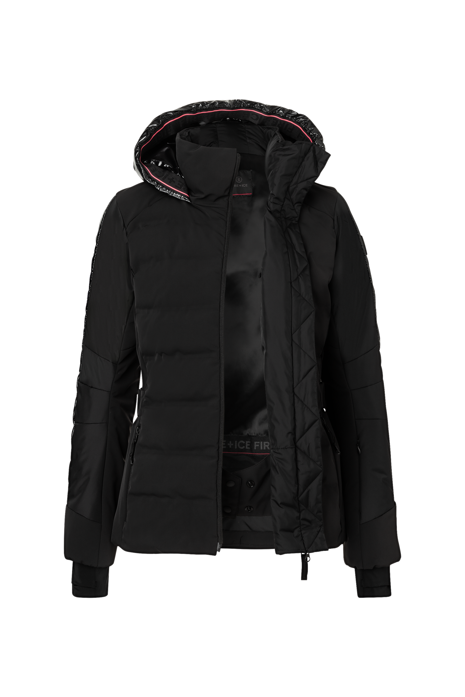 A black Bogner Fire + Ice Women's Cadja Ski Jacket that features a 20K waterproof and 20K breathable membrane, a premium 4-way stretch technical fabic, and a form-flattering silhouette.