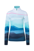 A blue and white print Bogner Fire + Ice Women's Ilvy 3 Turtleneck midlayer sweatshirt that is made from a premium technical fabric.