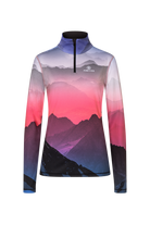 A pink and purple print Bogner Fire + Ice Ilvy turtleneck midlayer sweater that is made from a premium moisture-wicking 4-way stretch technical fabric.