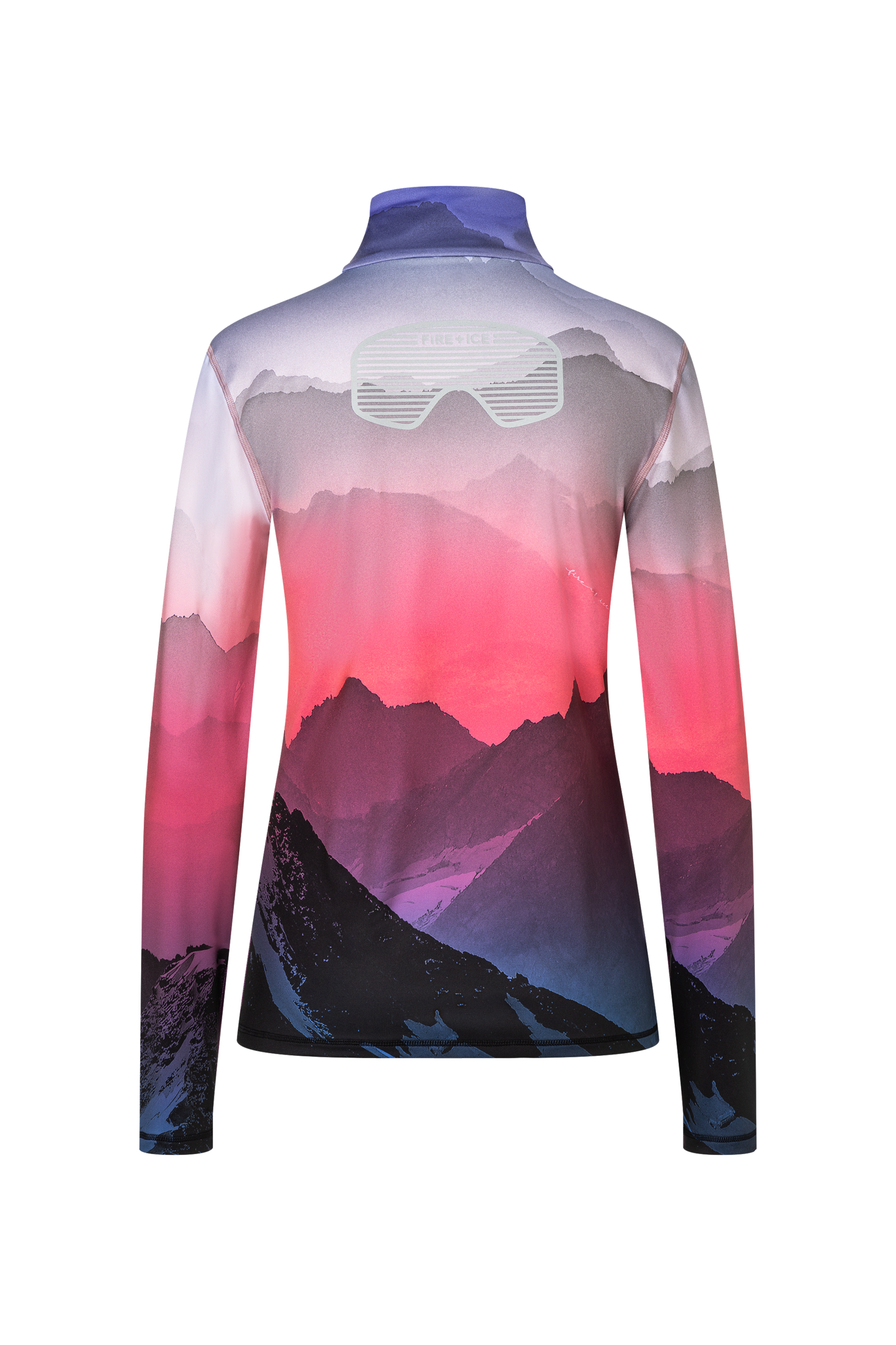A pink and purple print Bogner Fire + Ice Ilvy turtleneck midlayer sweater that is made from a premium moisture-wicking 4-way stretch technical fabric.