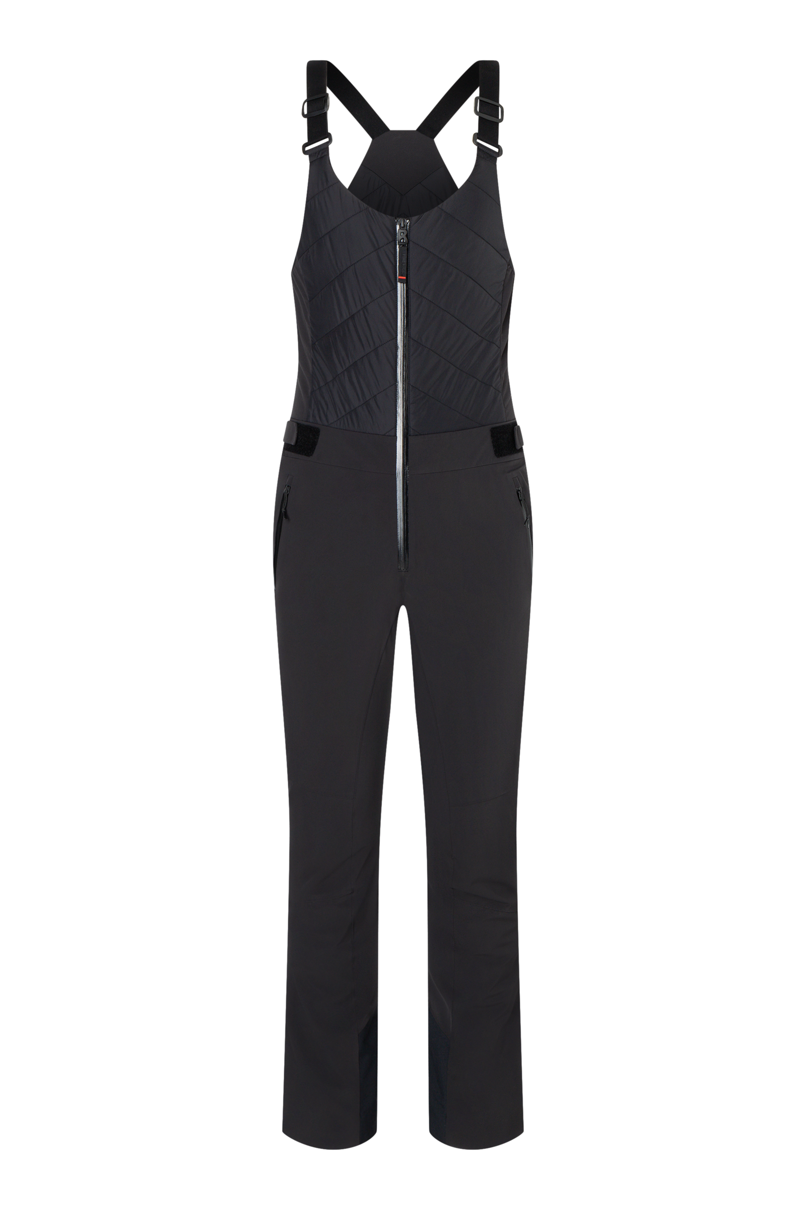 A pair of black Bogner Fire + Ice Women's Ivie2-T Bib Ski Pants that feature a 20K waterproof and 20K breathable membrane, a premium 4-way stretch technical fabric, and a sleek silhouette.
