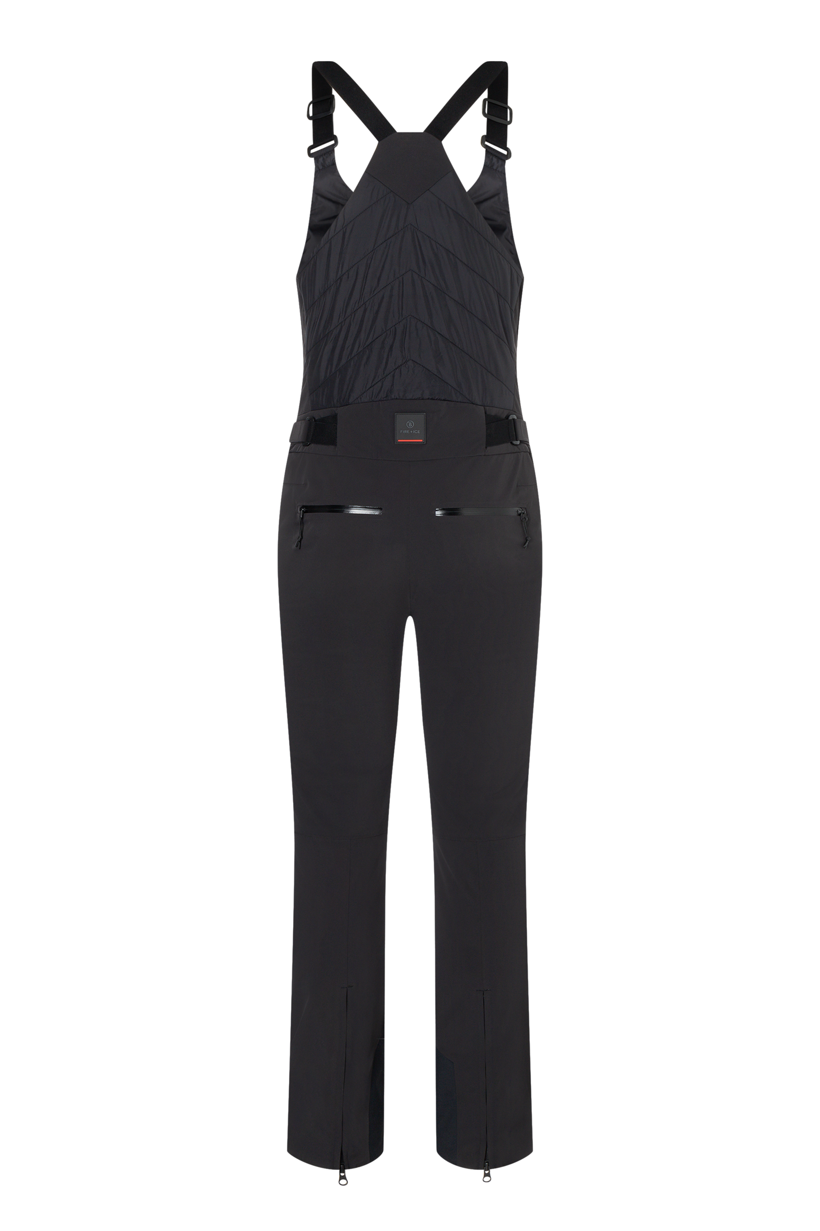 A pair of black Bogner Fire + Ice Women's Ivie2-T Bib Ski Pants that feature a 20K waterproof and 20K breathable membrane, a premium 4-way stretch technical fabric, and a sleek silhouette.