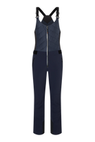 A pair of navy blue Bogner Fire + Ice Women's Ivie2-T Bib Ski Pants that feature a 20K waterproof and 20K breathable membrane, a premium 4-way stretch technical fabric, and a sleek silhouette.