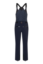 A pair of navy blue Bogner Fire + Ice Women's Ivie2-T Bib Ski Pants that feature a 20K waterproof and 20K breathable membrane, a premium 4-way stretch technical fabric, and a sleek silhouette.